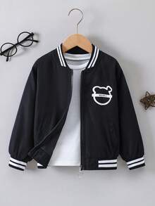 男小童熊和字母圖案條紋飾邊飛行員夾克 - 黑色 - 查看 2