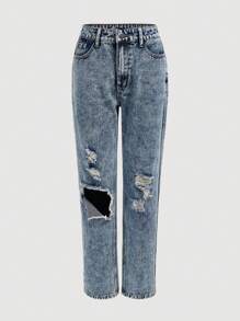 破洞直筒牛仔褲 - 深色水洗藍 - 查看 1