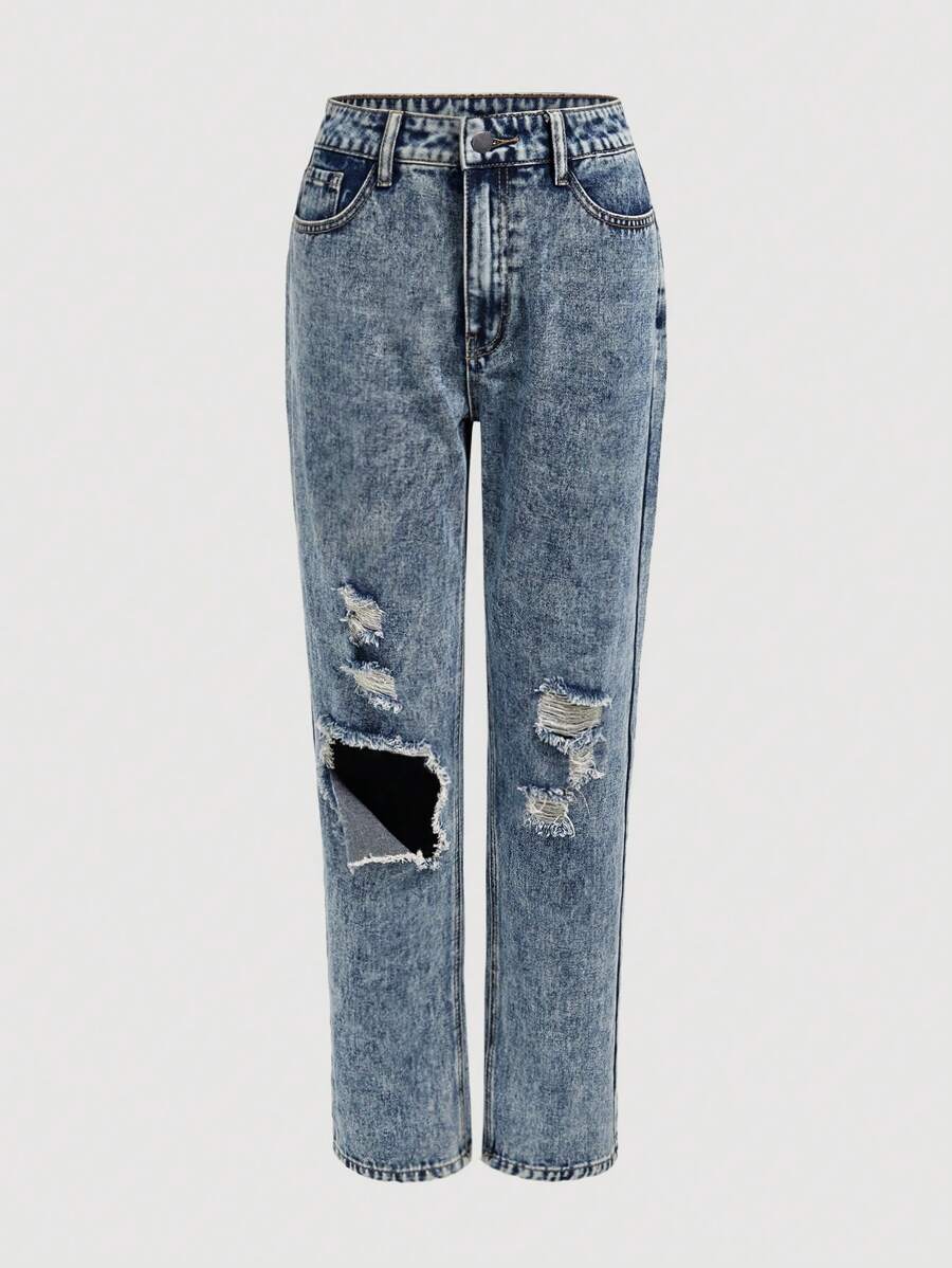破洞直筒牛仔褲 - 深色水洗藍 - 查看 1