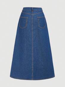 SHEIN Essnce 前紐扣A字型牛仔半身裙 - 中等水洗藍 - 查看 2