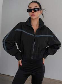 Dazy Designer Băng tương phản Thả vai Dây kéo Áo khoác - màu đen - Xem 6