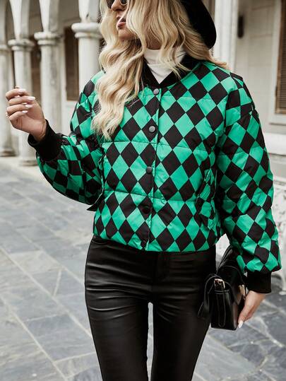 SHEIN LUNE Argyle Print Drop Shoulder Bomber Down Coat
