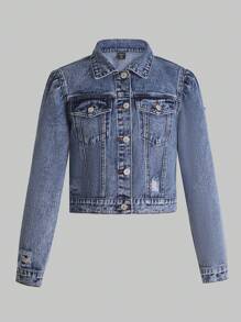 Nueva Chaqueta De Mezclilla Casual Y De Moda Para Adolescentes - Azul lavado medio - Ver 1