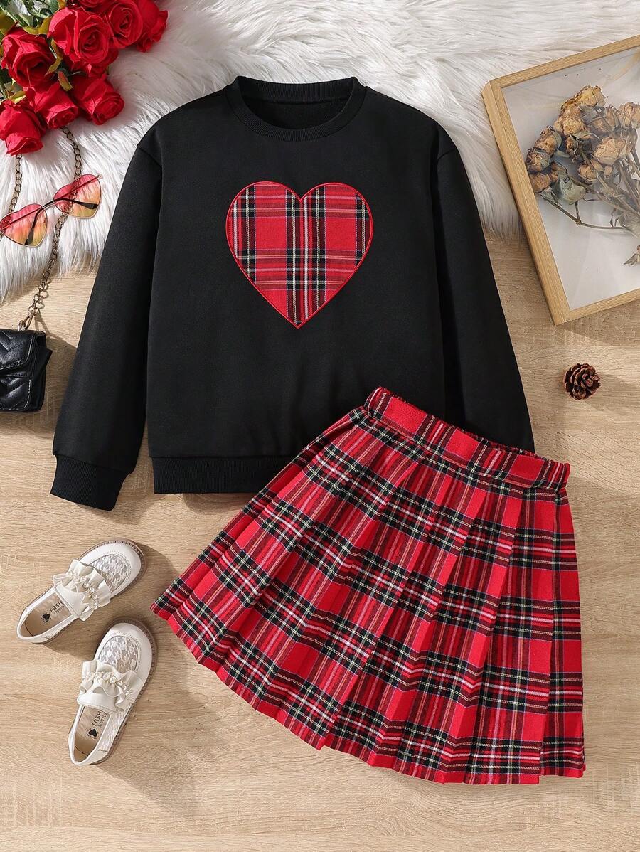 SHEIN Cô gái Tween Vải len vuông In Trái tim Áo Sweatshirt & Váy - Nhiều màu - Xem 1