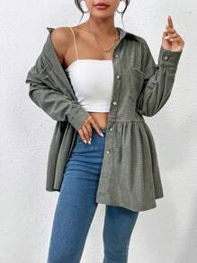 Chiquease Drop Shoulder Peplum Hem Coat - Dark Green - View 3