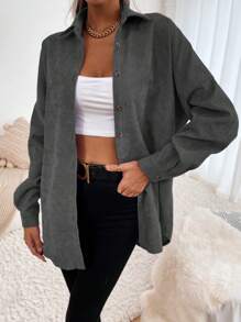 SHEIN Essnce 素色前紐扣燈芯絨襯衫 - 灰色 - 查看 7