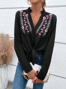 SHEIN LUNE Camisa con bordado floral con botón delantero - Negro - Ver 3