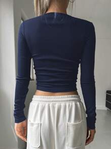 DAZY 星星印花罗纹针织短款 T 恤 Y2k，秋季服装长袖女式上衣 - 藏蓝色 - 查看 2