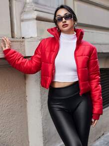 EURMUSE Women'S Red Zipper Stand Collar Short Padded Jacket - Red - View 3