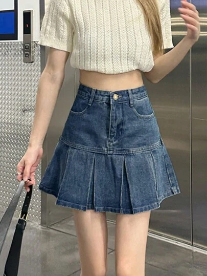 高腰修身超短A字牛仔百褶裙