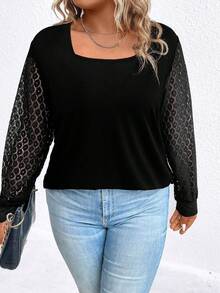 SHEIN LUNE Plus Contrast Lace Lantern Sleeve Square Neck Top - Black - View 3