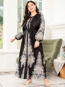 Plus Size Floral Print Belted Dress With Belt - Black - View 6