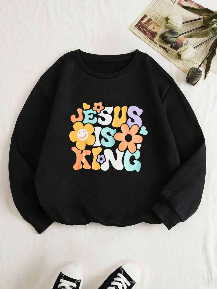 Flirla Plus Floral & Slogan Graphic Thermal Sweatshirt - Black - View 1