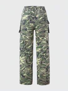 Teen Girl Camo Print Flap Pocket Side Cargo Jeans - Army Green - View 2