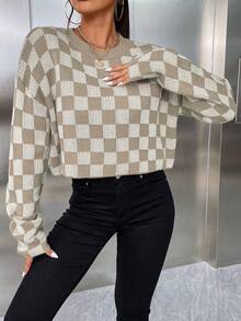 SHEIN Unity Mô hình bàn cờ Thả vai Áo len - Nhiều màu - Xem 4