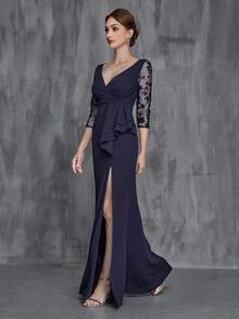Contrast Lace Split Thigh Mother of the Bride Dress - Navy Blue - View 5
