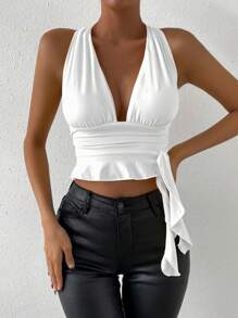 Allurite 深V領側收褶荷葉邊後背繫帶繞頸短上衣