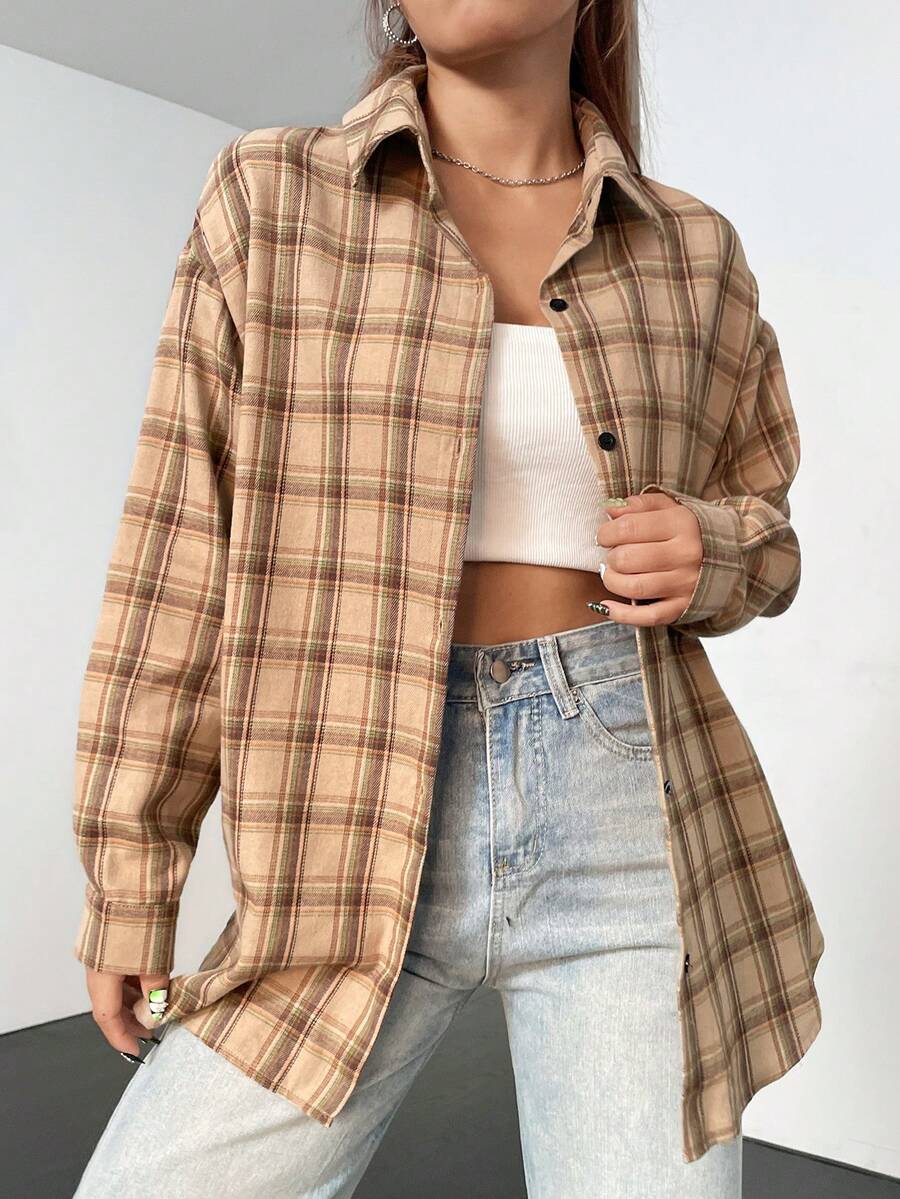 SHEIN Unity Áo sơ mi kẻ caro tay dài cài nút phía trước dáng rộng thoải mái đa năng - Màu Khaki - Xem 1