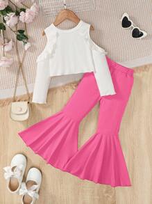 SHEIN Cô Gái Trẻ Vai lạnh Viền Ruffle Áo thun & Quần ống loe - Màu Hồng Tươi - Xem 1