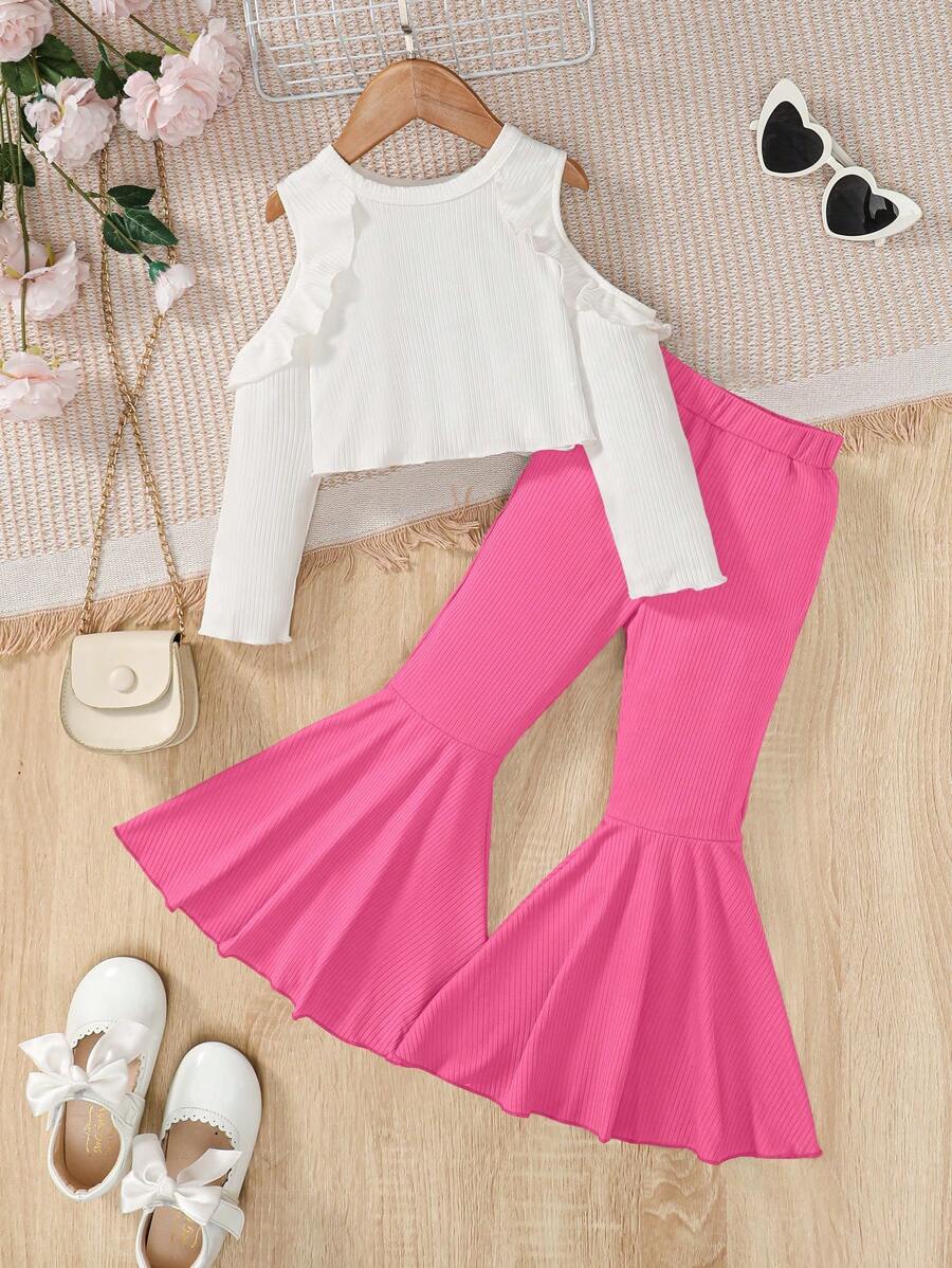 SHEIN Cô Gái Trẻ Vai lạnh Viền Ruffle Áo thun & Quần ống loe - Màu Hồng Tươi - Xem 1
