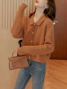 Solid Drop Shoulder Button Through Cardigan - Orange - View 4