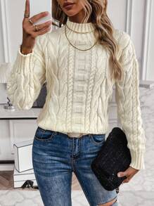 SHEIN Essnce 麻花編織小高領落肩袖套頭毛衣 - 杏色 - 查看 4