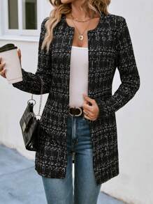 SHEIN Clasi 格子前开式粗花呢大衣，女士春/秋季优雅常规袖常规版型黑白粗花呢格子女式大衣，职业/商务装/工作服 - 黑與白 - 查看 5