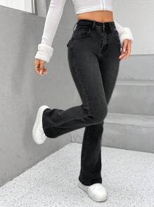 SHEIN PETITE Chi tiết thêu Quần ống loe - Xám - Xem 6