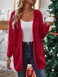 SHEIN LUNE Dual Pocket Drop Shoulder Hooded Duster Cardigan - Red - View 5