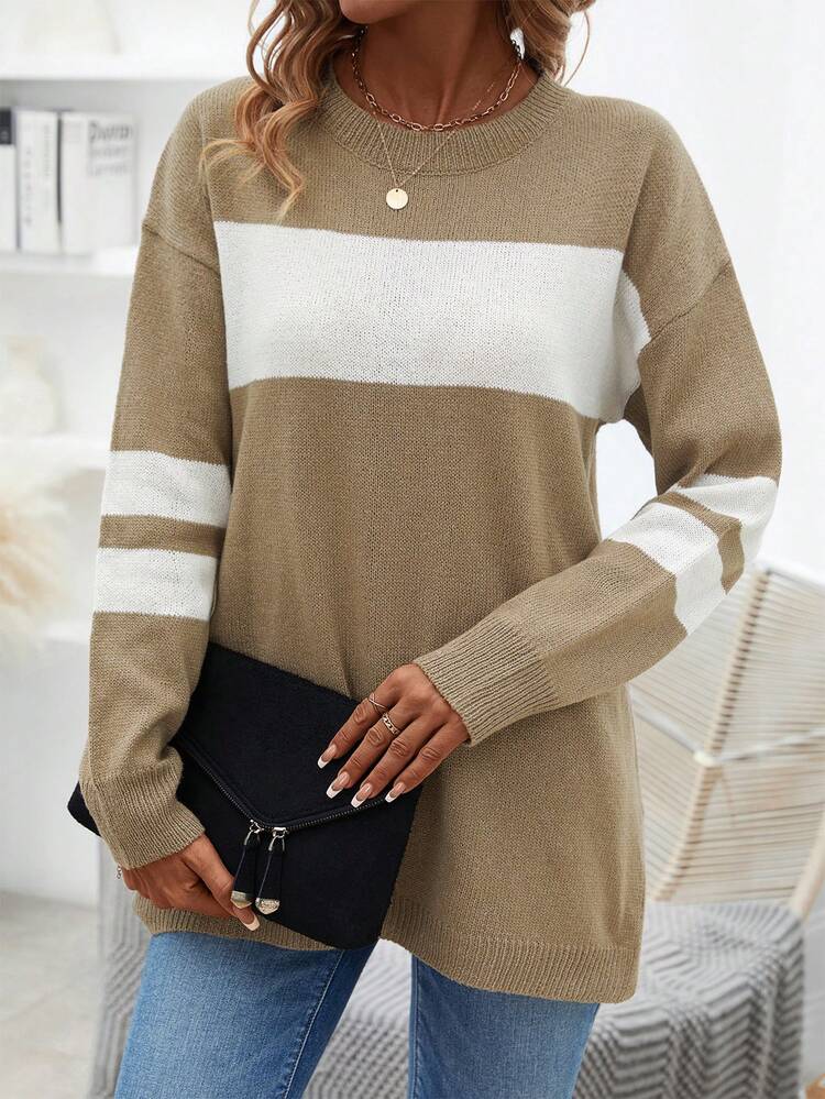 Colorblock Drop Shoulder Knit Pullover Fall Winter Sweater