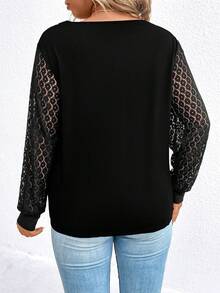 SHEIN LUNE Plus Contrast Lace Lantern Sleeve Square Neck Top - Black - View 2