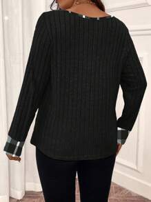 Plus Contrast Plaid Print Button Detail Tee Graphic Tees Women Tops Fall Cloth For Women - Black - View 2