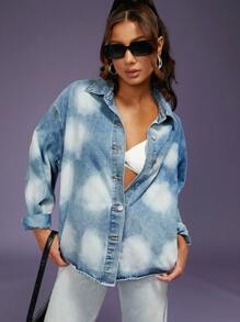 Denimoi Cloud Print Drop Shoulder Denim Jacket - Light Wash - View 6