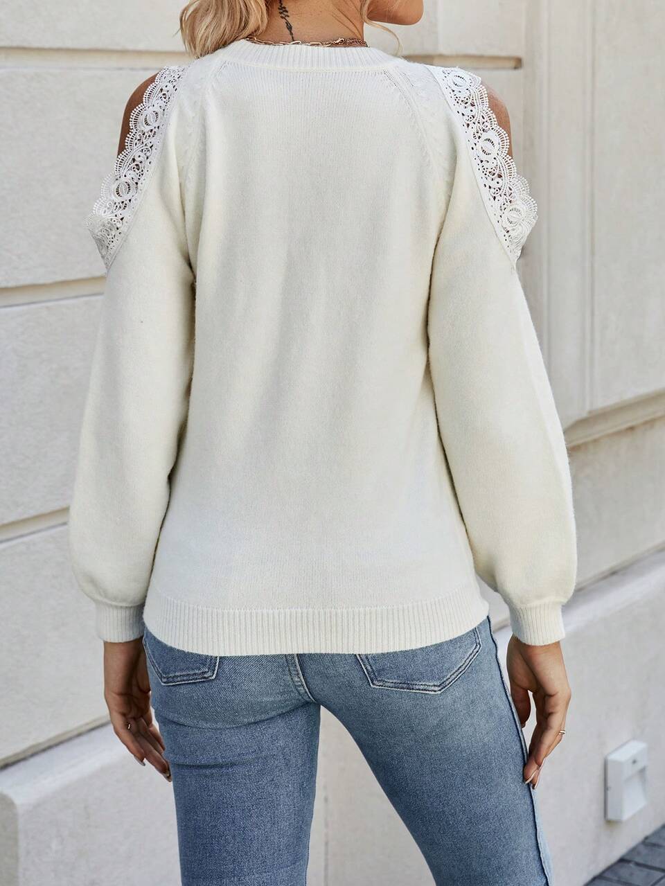 Contrast Lace Cut Out Raglan Sleeve Knit Pullover Fall Winter Sweater