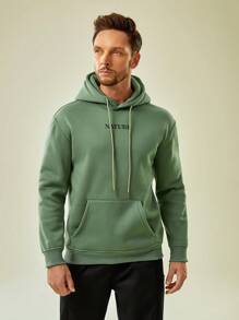 In My Nature Hombres Capucha con estampado de letra con bolsillo de canguro con cordón exterior - Verde militar - Ver 3