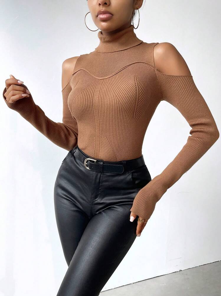 SHEIN Unity Turtleneck Cold Shoulder Ribbed Knit Pullover Fall Winter Sweater - Khaki - View 3