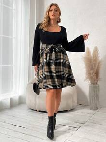 SHEIN Franclia 大碼格紋印花繫腰帶洋裝 - 卡其色 - 查看 5