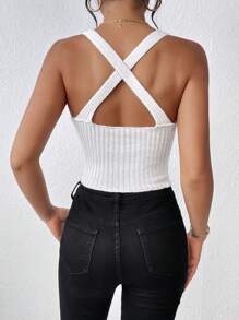 SHEIN LUNE Solid Criss Cross Back Crop Cami Knit Top - White - View 2