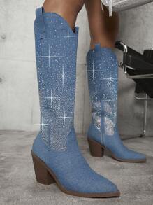 SHUZIA Rhinestone Decor Point Toe Chunky Heeled Denim Boots - Blue - View 2