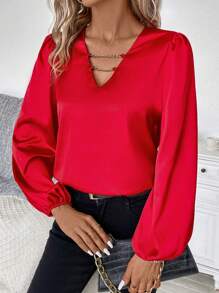 SHEIN Privé Chain Detail Lantern Sleeve Satin Blouse - Red - View 6