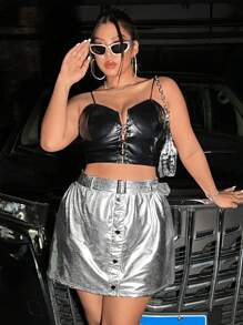 Flirla 大碼前紐扣腰帶金屬質感半身裙 - 銀色 - 查看 1