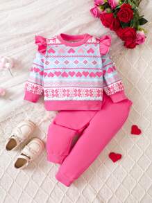 Đứa bé gái In Trái tim Viền Ruffle Áo len & Quần nỉ - Màu Hồng Tươi - Xem 1