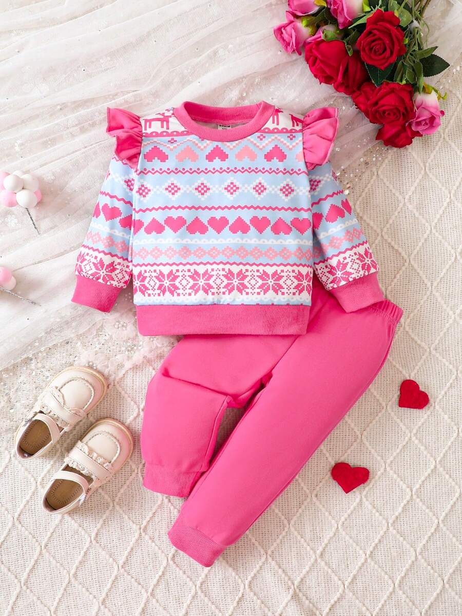 Đứa bé gái In Trái tim Viền Ruffle Áo len & Quần nỉ - Màu Hồng Tươi - Xem 1