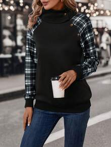 SHEIN LUNE Plaid Print Raglan Sleeve Button Detail Sweatshirt - Black - View 4