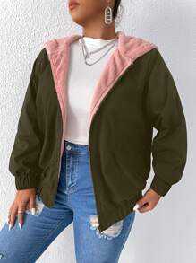 Calvaya Plus Teddy Lined Hooded Jacket - Army Green - View 1