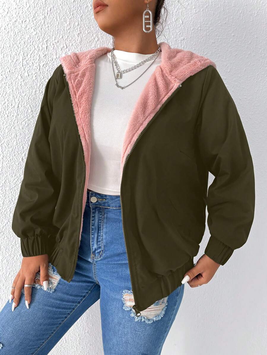 Calvaya Plus Teddy Lined Hooded Jacket - Army Green - View 1