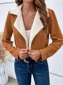 SHEIN LUNE Cổ áo Lót Teddy Áo Jacket Crop - Cà phê nâu - Xem 3