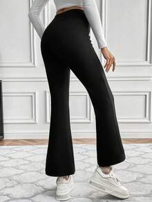 SHEIN LUNE Solid Flare Leg Thermal Pants - Black - View 2