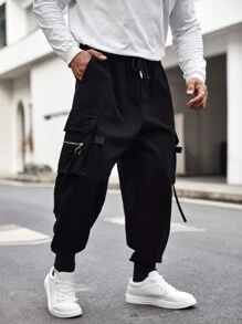 Manfinity LEGND 鬆身男士大尺碼貨物褲,帶蓋口袋和扣細節 - 黑色 - 查看 1