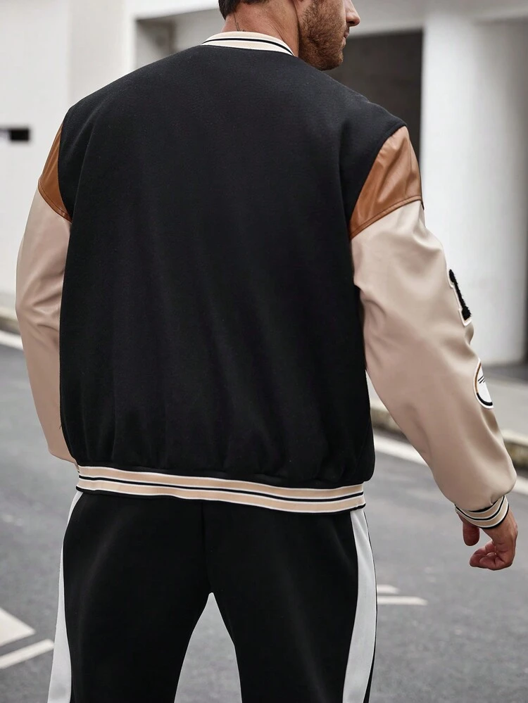 Men Plus 1pc Letter Graphic Colorblock Striped Trim Varsity Jacket